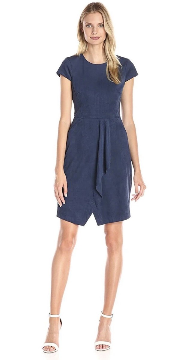 Maggy London Navy Blue Faux Suede Jewel Neck Sheath Dress Size 6
