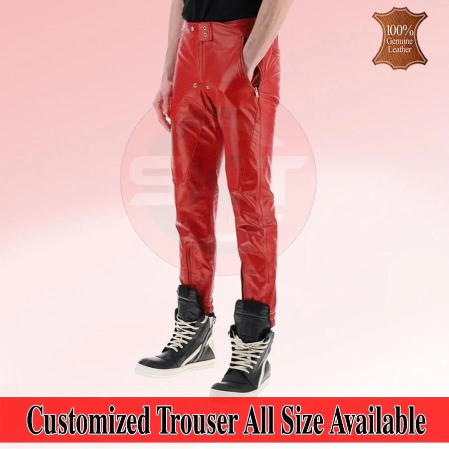 Men's Genuine Leather Soft Real Red Handmade Jogger Pants Jogging Trousers Pants