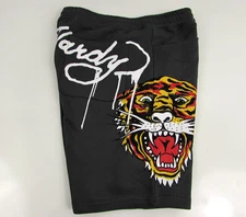 Ed Hardy Men's Charcoal Screaming Tiger Fleece Sweat Shorts Raw Hem Size L  NWT.