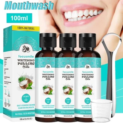 FOCUSMILE 3PCS Coconut Oil Pulling 100ml w/ Peppermint for Teeth Gums Health Fresh Breath