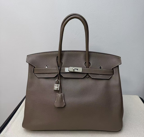 Auth Hermes Birkin 35 Handbag Etoupe Leather Palladium HardwareTote Bag