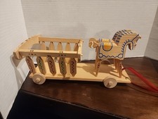 Vintage Wooden Pull Toy Horse Czechoslovakia Hand Carved Rainbow Prim Wagon Cart