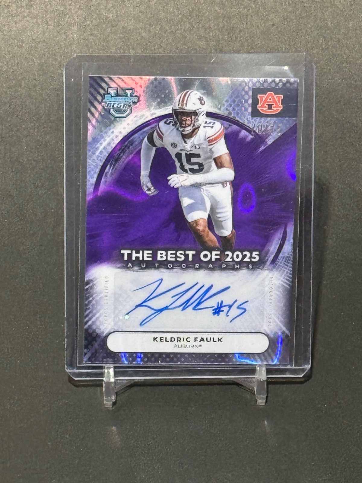2025 Bowman U Best #BOA-KFA Keldric Faulk Rookie Purple Lava Refractor Auto /75