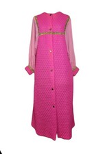 Vintage 60's Quilted Robe Gold Floral Trim Flowy Sleeve Hot Pink Maxi Mod M
