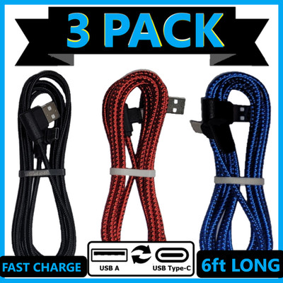 3 PACK Braided 6ft Type C Fast Charger Cable Quick Charging Cord 90 Degree Long