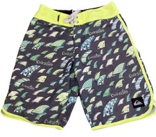Quiksilver Gray  Greens  Neon Front Tie Board Shorts Swim Trunks Kid Size 26