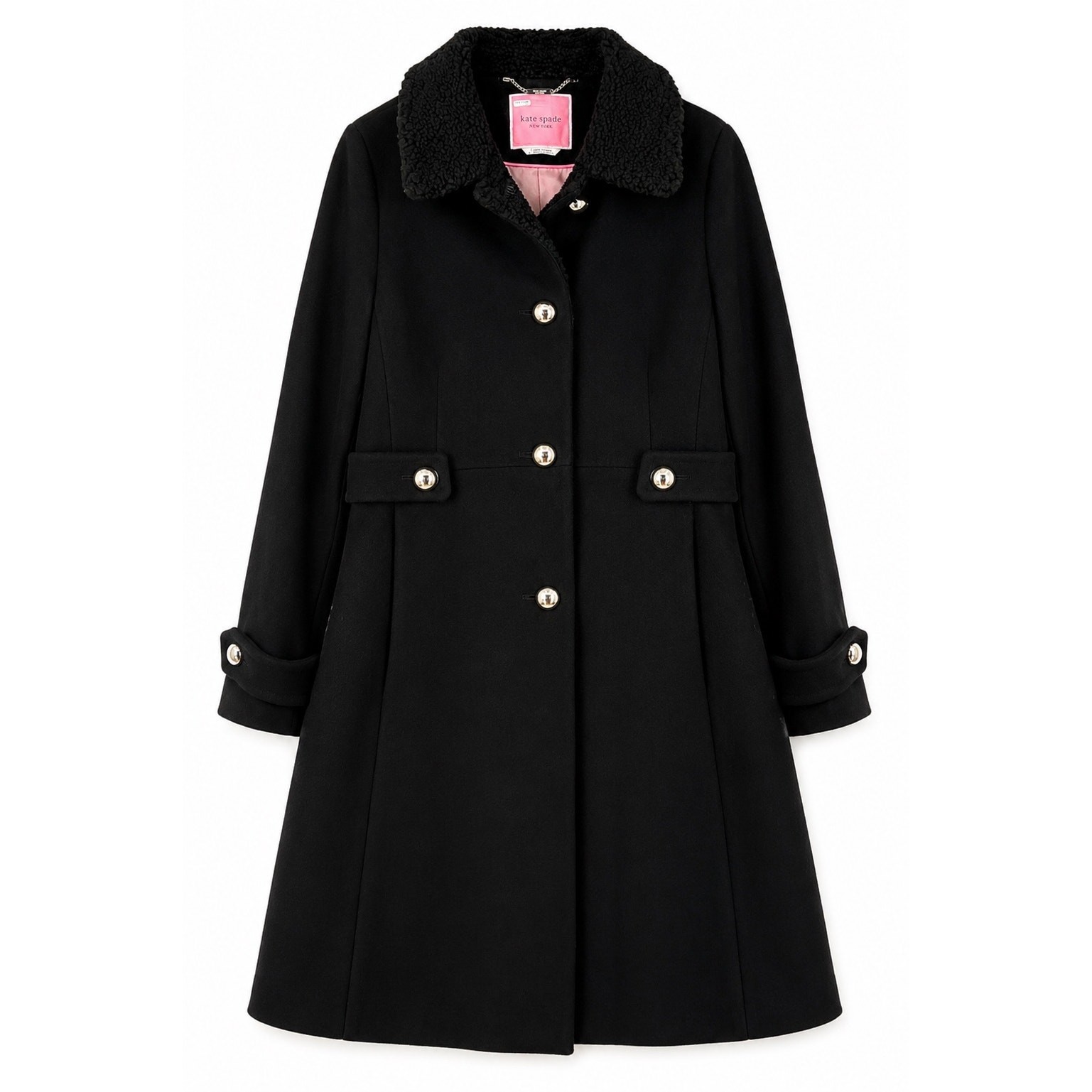 Kate Spade New York Black Wool Blend Coat Faux Fur Collar Large