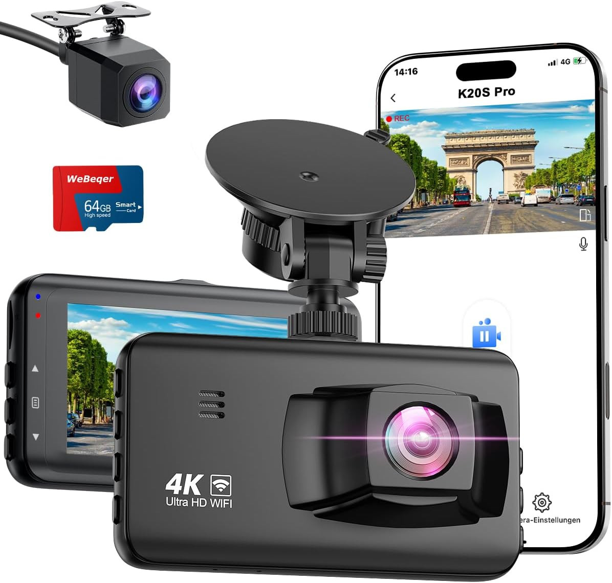 Dashcam voiture 4k wifi camera embarquee avec ecran ips application mobile