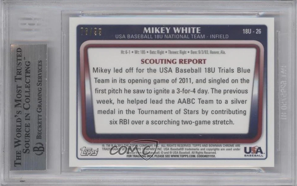 2011 Bowman Chrome USA 18U National Team Refractors Blue /99 Mikey White BGS 9 - Image 2 of 2