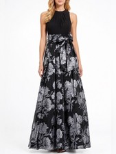 Eliza J Criss Cross Halter Neck Brocade Dress Gown Black Silver Sz 4 retail $248