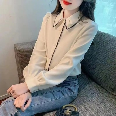 Office Lady Long Sleeve Solid Loose Youth Shirts Polo Neck All-match Vintage