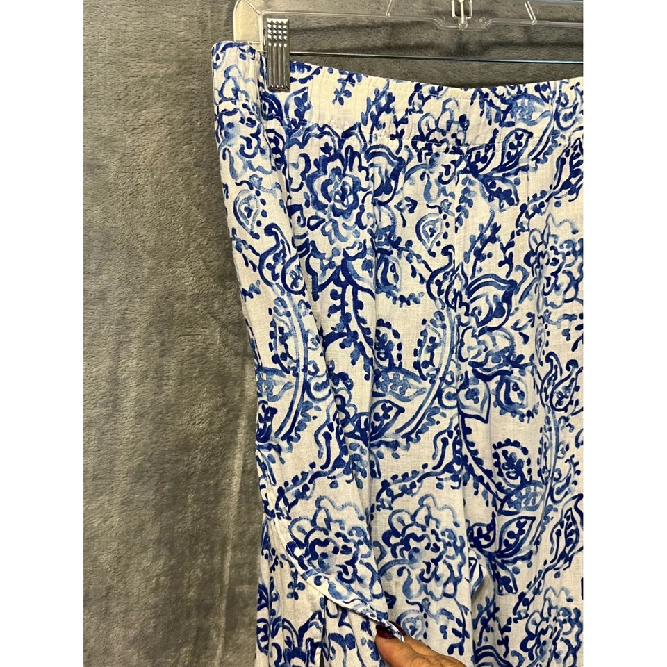 Pantalones Caroline Constas Azul Blanco Estampado Floral Lino Pierna Ancha Lado Grande Foto 4 de 4