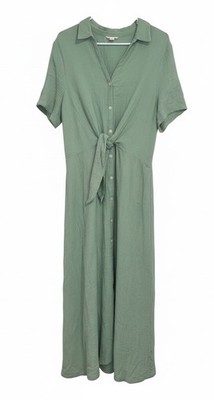 Caslon Dress Womens L Vacation Tie Waist Maxi Button Front Gauze Sage Green  | eBay