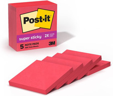 Post-It Super Sticky Notes, 3 X 3 In, Red, 5 Lined Pads