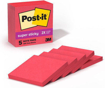 Post-It Super Sticky Notes, 3 X 3 In, Red, 5 Lined Pads