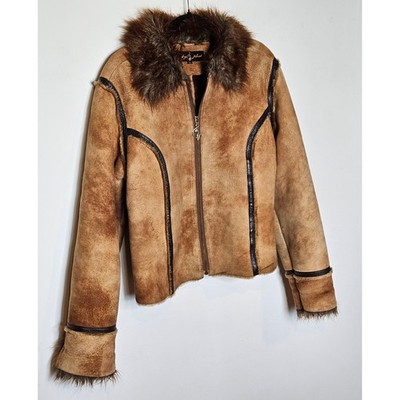 80s SPAIN製 real leather × fur Jacket Y2K Baby Phat Vintage Genuine Leather Faux Fur Collar Suede Zip Jacket