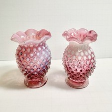 Fenton Cranberry Opalescent Vases Hobnail 1950s Ruffled Mini 3.5" Flowers Buds