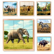 6-in-1 Wooden Animal Puzzle Montessori Cube Toy for Kids Realistic Africa...