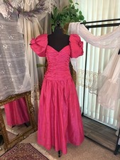 Vintage 1980s Fusha Pink Silk Party Dress Puff Sleeve Full Length Gown Women  s L