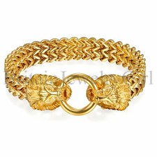 9" Heavy Gold Tone Lion Head Bracelet Stainless Steel Figaro Rolo Chain for Men