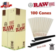 Authentic RAW Organic King Size Pre-Rolled Cones 100 Pack & 2 Tubes US