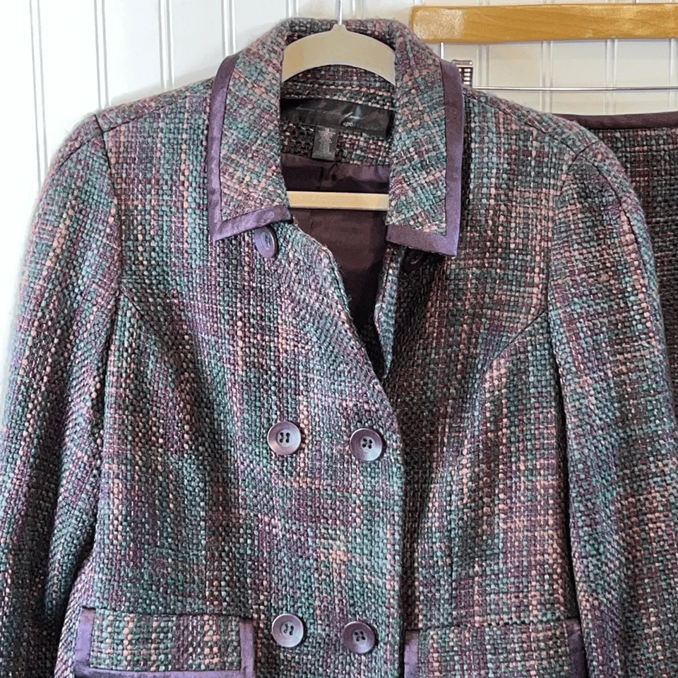 Abrigo Apostrophe y Falda a Juego Mujer Talla 10 Púrpura Tweed Forrado Doble Pecho Foto 2 de 4