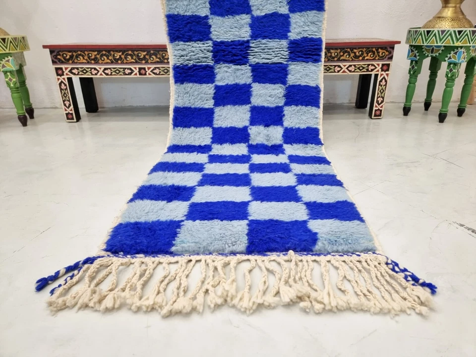 Alfombra de lana azul a cuadros bereber marroquí hecha a mano Beni Ourain Runner 2'1x7'2 Foto 4 de 4