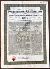 German Government External Loan 7% 1924 500 Italian Lira VF Cancelled
