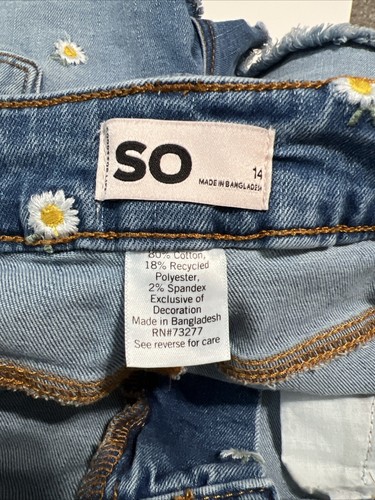 SO Size 14 Denim Shorts Embroidered Daisy Jean Frayed Shortie Stretch Girls - Picture 3 of 3