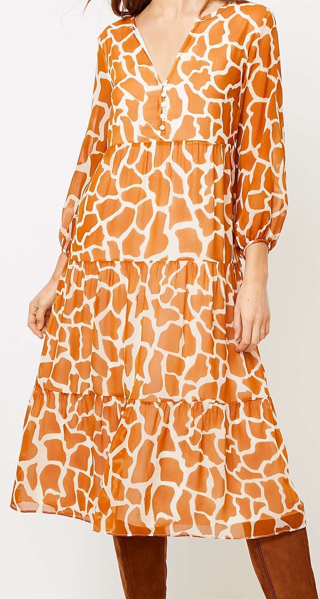 ann taylor loft midi dress Ann Taylor LOFT Animal Spotted Tiered Midi Dress Size Medium Whipped  Buttercream