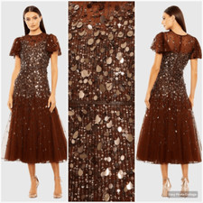 MAC DUGGAL 24018 Womens Brown  Flutter Sleeve Sheer Top Beaded Dress 6