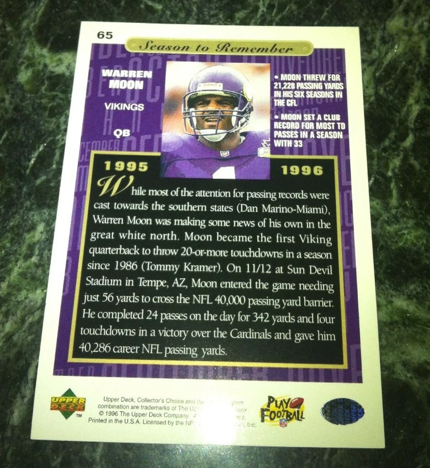 Warren Moon 1996 VIKINGS Collector's Choice #65 - Image 2 of 3