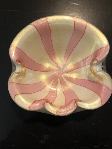 VTG MCM Alfredo Barbini Circus Tent Pink Gold Cased Glass Bowl / Ashtray 5.75"