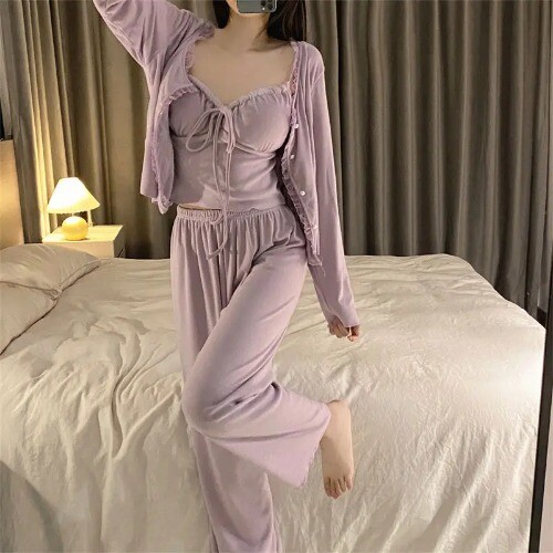 SolidColor Pajamas Sets Womens Outfit Strap Top Long Short Pants Sleepwear Suit - Picture 3 of 24