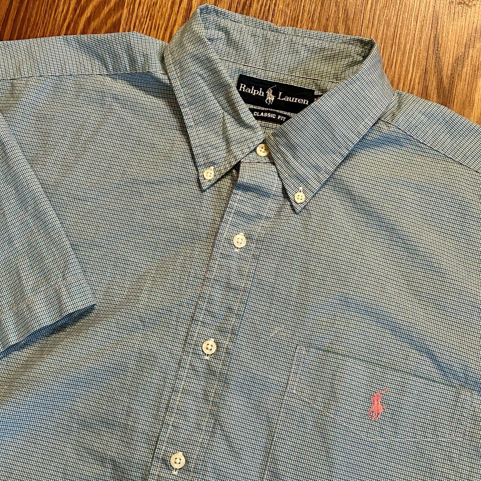 Camicia classica con bottoni RALPH LAUREN ~ uomo XL ~ manica corta ~ quadri blu ~ pony rosa