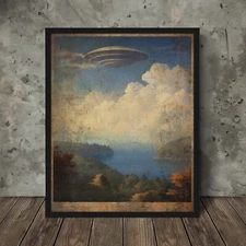 Vintage UFO FOREST OCEAN Wall Art, Nautical Alien Nature Decor, UAP Cloud Poster