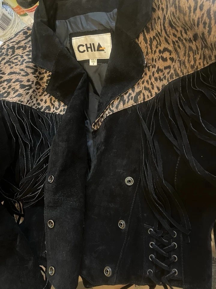 Винтажная замшевая 90-х бахрома леопард куртка РЕДКАЯ укороченный размер маленький черный - Изображение 4 из 4