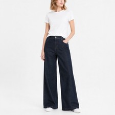 NWT Eileen Fisher Cotton Indigo Knit Denim Wide-Leg Pant, PP-3X