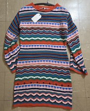 Free The Roses NEW Crochet Open Knit Tomato Red Multi Stripe Sweater Dress Sz S