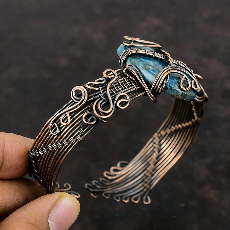 Oferta del Día de las Hijas Cobre Natural Neón Apatita Envuelto Alambre Esposa Brazalete Foto 3 de 4