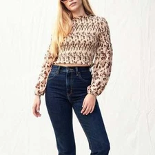 Grade & Gather Cream Floral Smocked Ruffle Long Balloon Sleeve Blouse Women L