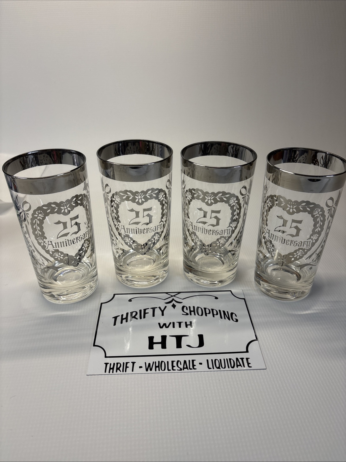 Vintage 25th Anniversary 4-Piece Drinkware Set with Clear Silver Heart & Rim Design