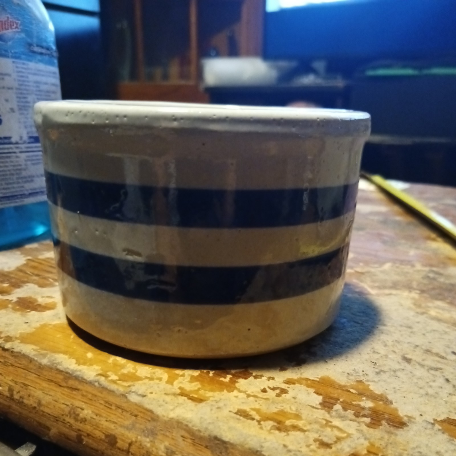 Vintage Blue Striped Stoneware Crock 4.5x3 blB2