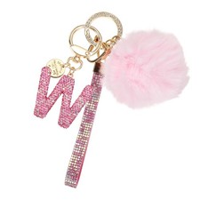 Initial Letter W Keychain with Pom and Rhinestone Wristlet, Pink