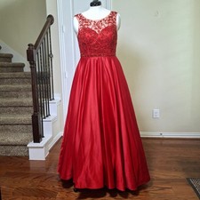 Madison James Red Prom Quinceanera Dress Sz 12 Beaded Satin Full Skirt Ball Gown
