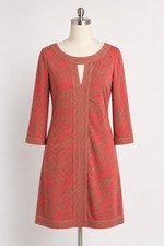 BCBG Max Azria Dress XS Coral Taupe Abstract Print Shift Dress 3/4 Sleeve