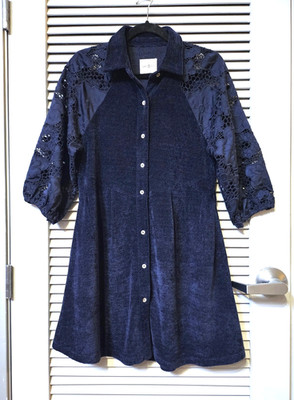 3/4  navy texture cntr lace bubble slev botton down shirt dress S