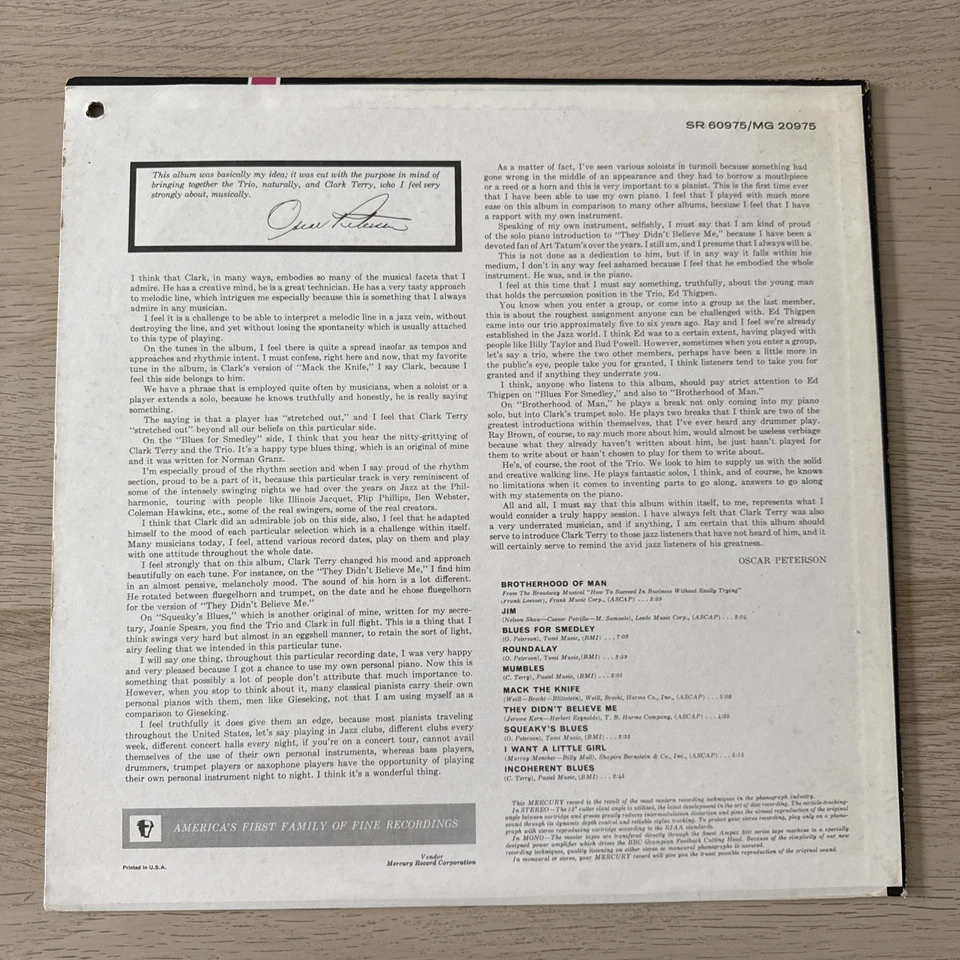 Oscar Peterson Trio +One Clark Terry 1966 Mercury Records Jazz SR-60975 MG 20975 Foto 2 de 4