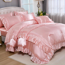 Pink Satin Comforter Set 8 Pieces Queen Comforter with Sheets Silk like Satin Be
