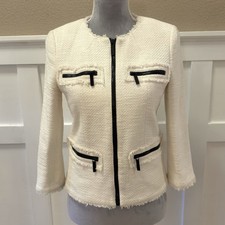 MICHAEL KORS Classic Fringed Tweed Blazer Size:8 White Black Zip Lined